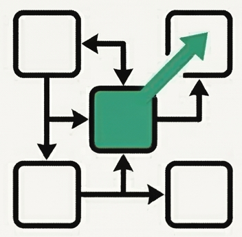 Icon eines Flussdiagramms mit Blöcken und Pfeilen, das modulare Erweiterbarkeit darstellt.