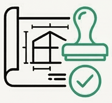 Icon eines Bauplans mit einem offiziellen Stempel und Häkchen für geprüfte Statik.