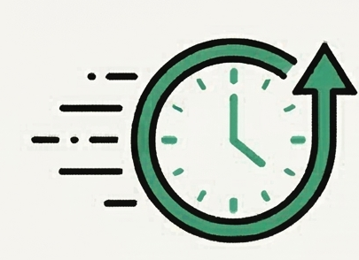 Icon einer Uhr mit einem Pfeil, der Schnelligkeit und kurze Bauzeiten symbolisiert.